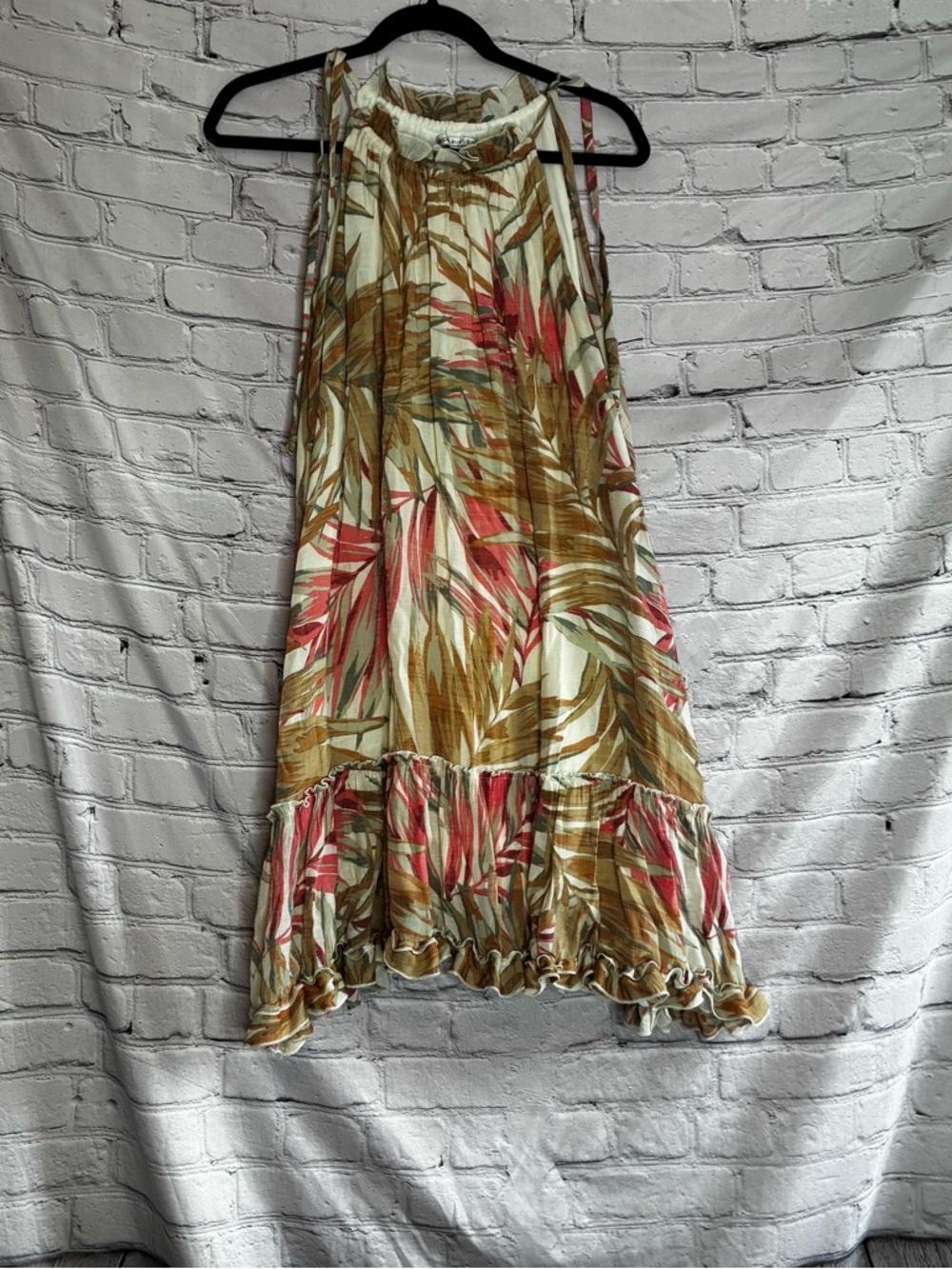 Robbie Bee Women's Tropical Print Ruffle Hem Skirt Shoulder Tie Neckline Size L